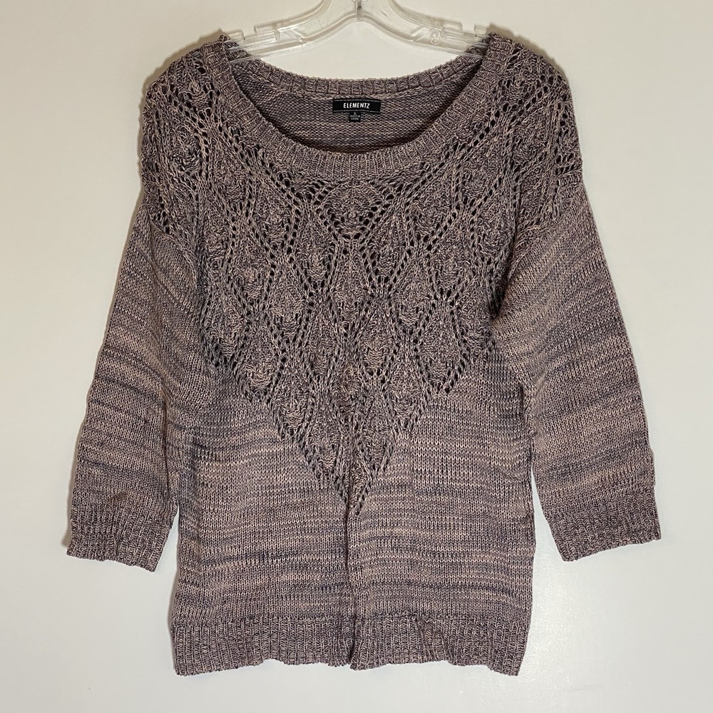 Elementz Sweater Womens Large Gray Open Knit Comfy Casual Classic Grannycore Top
